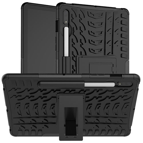 Silicone Matte Finish and Plastic Back Cover Case with Stand for Samsung Galaxy Tab S7 11 Wi-Fi SM-T870 Black