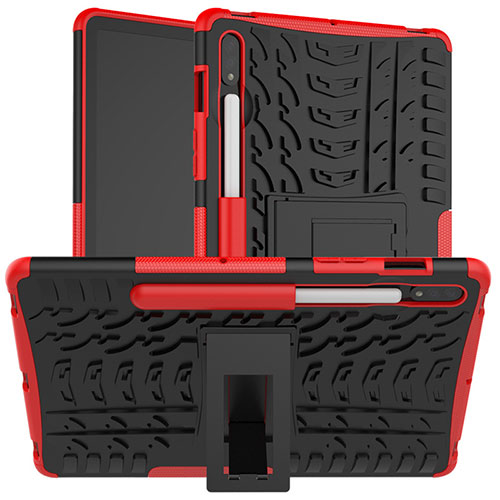 Silicone Matte Finish and Plastic Back Cover Case with Stand for Samsung Galaxy Tab S7 11 Wi-Fi SM-T870 Red