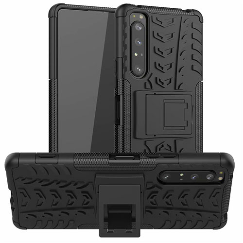 Silicone Matte Finish and Plastic Back Cover Case with Stand for Sony Xperia 1 II Black