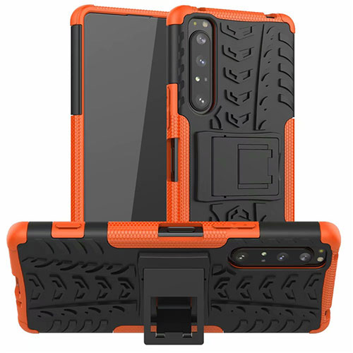 Silicone Matte Finish and Plastic Back Cover Case with Stand for Sony Xperia 1 II Orange