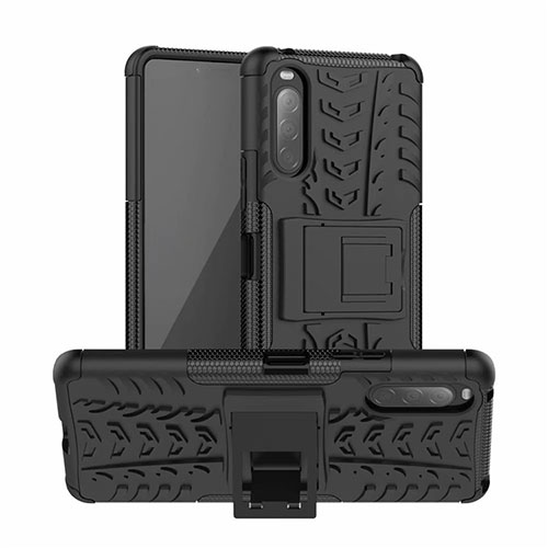 Silicone Matte Finish and Plastic Back Cover Case with Stand for Sony Xperia 10 II Black