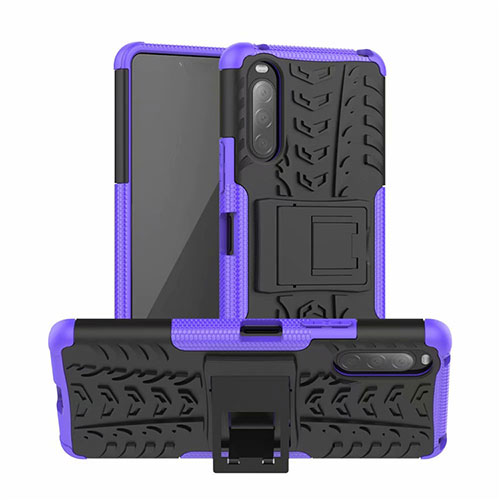 Silicone Matte Finish and Plastic Back Cover Case with Stand for Sony Xperia 10 II Purple