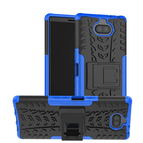 Silicone Matte Finish and Plastic Back Cover Case with Stand for Sony Xperia 10 Plus Blue