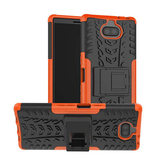 Silicone Matte Finish and Plastic Back Cover Case with Stand for Sony Xperia 10 Plus Orange