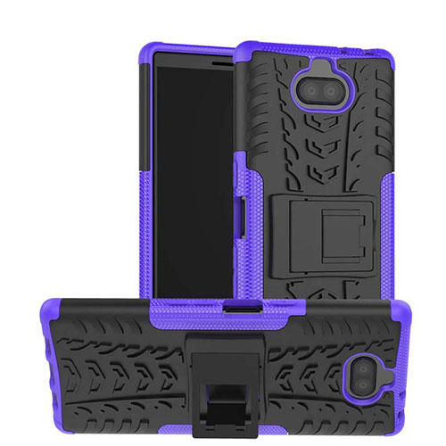 Silicone Matte Finish and Plastic Back Cover Case with Stand for Sony Xperia 10 Plus Purple