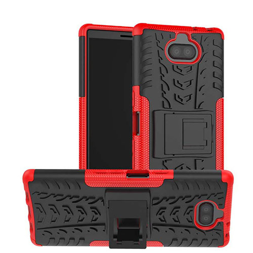 Silicone Matte Finish and Plastic Back Cover Case with Stand for Sony Xperia 10 Plus Red