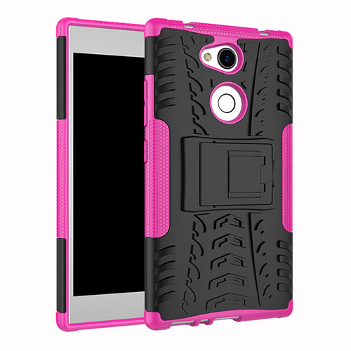 Silicone Matte Finish and Plastic Back Cover Case with Stand for Sony Xperia L2 Hot Pink