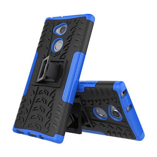 Silicone Matte Finish and Plastic Back Cover Case with Stand for Sony Xperia XA2 Plus Blue