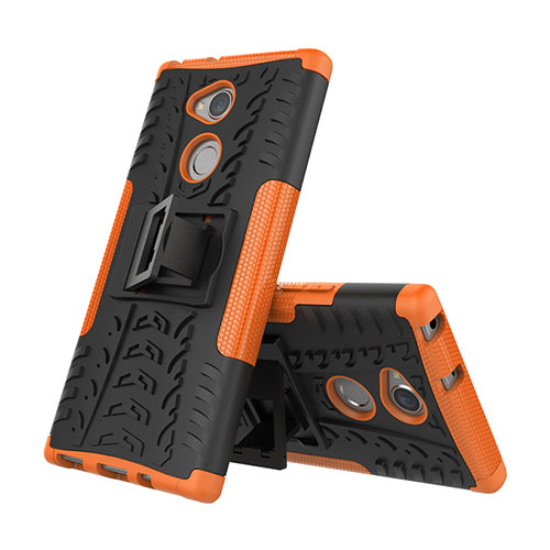 Silicone Matte Finish and Plastic Back Cover Case with Stand for Sony Xperia XA2 Plus Orange