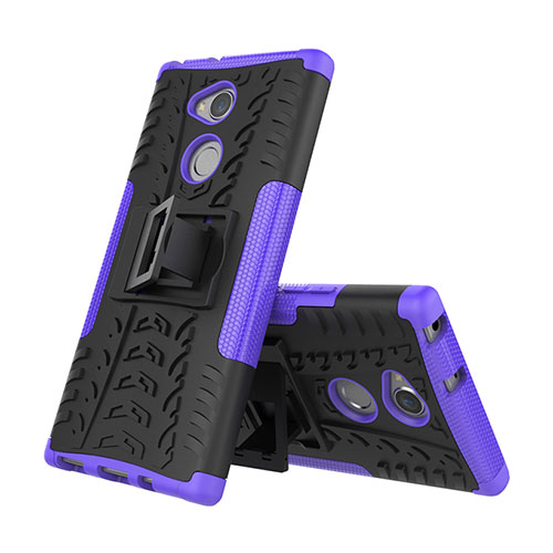 Silicone Matte Finish and Plastic Back Cover Case with Stand for Sony Xperia XA2 Plus Purple