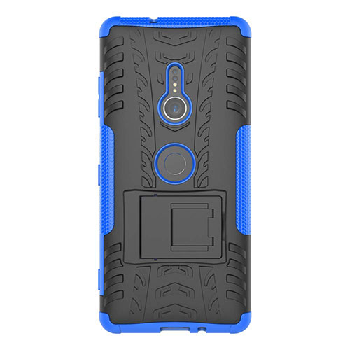 Silicone Matte Finish and Plastic Back Cover Case with Stand for Sony Xperia XZ3 Blue