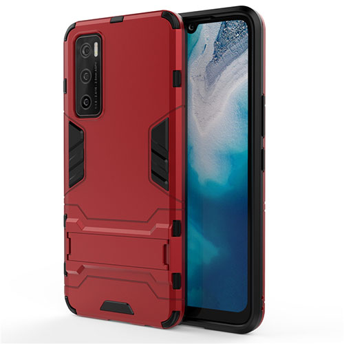 Silicone Matte Finish and Plastic Back Cover Case with Stand for Vivo V20 SE Red