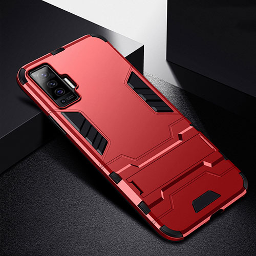 Silicone Matte Finish and Plastic Back Cover Case with Stand for Vivo X50 5G Red