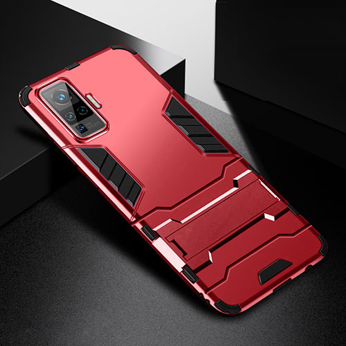 Silicone Matte Finish and Plastic Back Cover Case with Stand for Vivo X51 5G Red