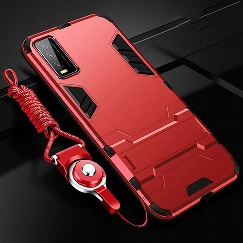 Silicone Matte Finish and Plastic Back Cover Case with Stand for Vivo Y20 Red