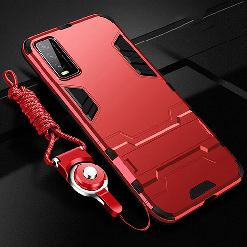 Silicone Matte Finish and Plastic Back Cover Case with Stand for Vivo Y30 Red