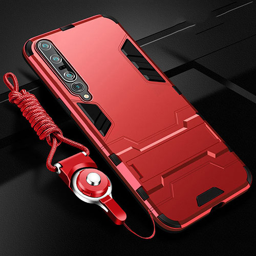 Silicone Matte Finish and Plastic Back Cover Case with Stand for Xiaomi Mi 10 Pro Red