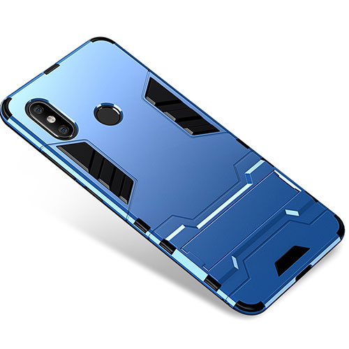 Silicone Matte Finish and Plastic Back Cover Case with Stand for Xiaomi Mi 8 Blue