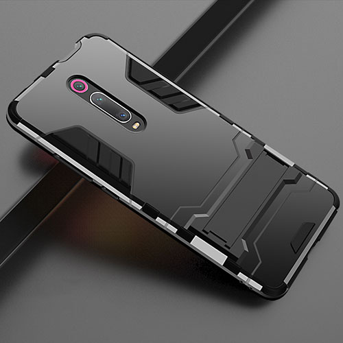 Silicone Matte Finish and Plastic Back Cover Case with Stand for Xiaomi Mi 9T Pro Black