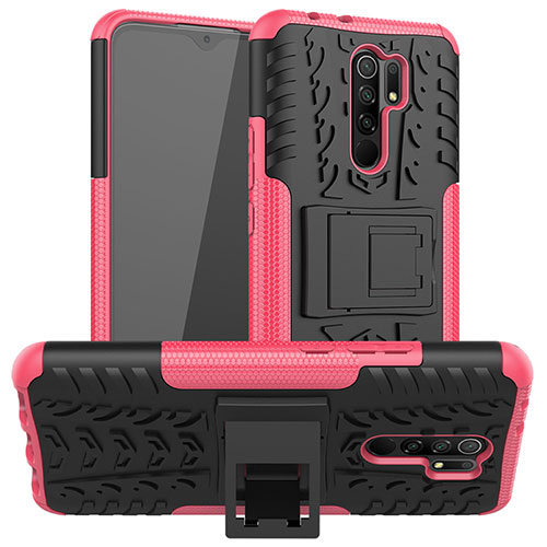 Silicone Matte Finish and Plastic Back Cover Case with Stand for Xiaomi Redmi 9 Pink