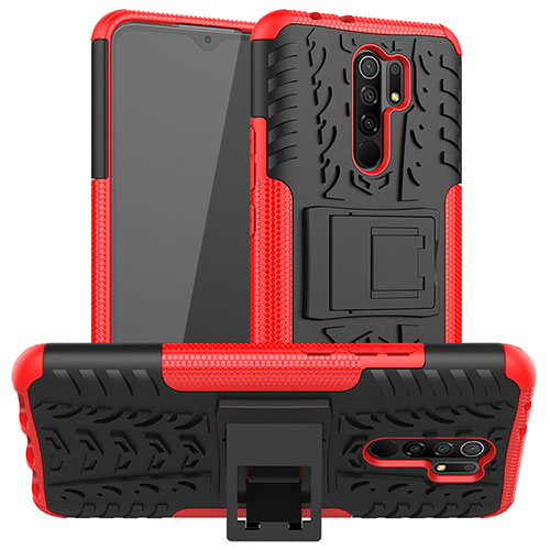 Silicone Matte Finish and Plastic Back Cover Case with Stand for Xiaomi Redmi 9 Prime India Red