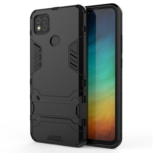 Silicone Matte Finish and Plastic Back Cover Case with Stand for Xiaomi Redmi 9C Black