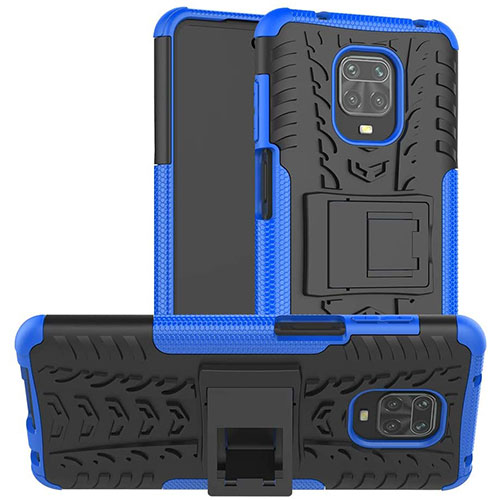 Silicone Matte Finish and Plastic Back Cover Case with Stand for Xiaomi Redmi Note 9 Pro Blue