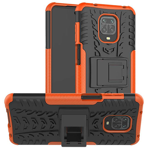 Silicone Matte Finish and Plastic Back Cover Case with Stand for Xiaomi Redmi Note 9 Pro Orange