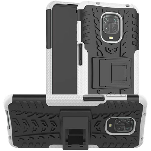 Silicone Matte Finish and Plastic Back Cover Case with Stand for Xiaomi Redmi Note 9 Pro White