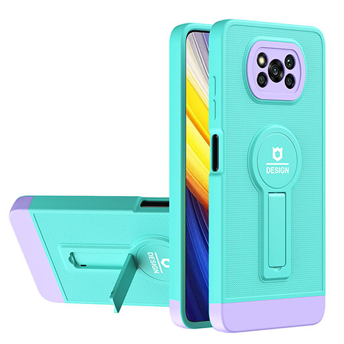 Silicone Matte Finish and Plastic Back Cover Case with Stand H01P for Xiaomi Poco X3 Cyan