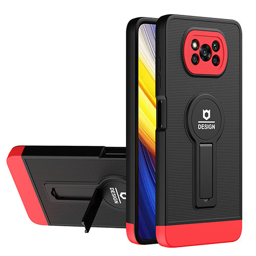 Silicone Matte Finish and Plastic Back Cover Case with Stand H01P for Xiaomi Poco X3 NFC Red and Black