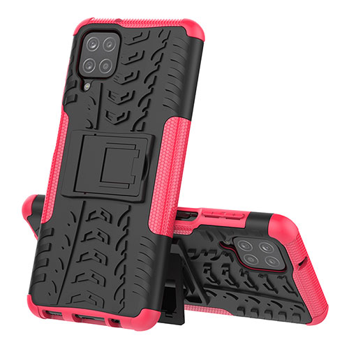 Silicone Matte Finish and Plastic Back Cover Case with Stand J01X for Samsung Galaxy F12 Hot Pink