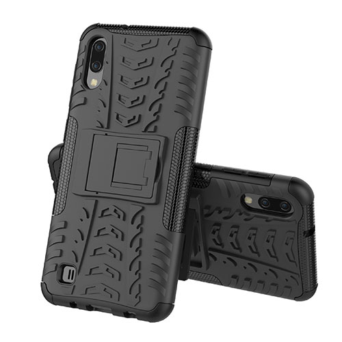 Silicone Matte Finish and Plastic Back Cover Case with Stand J01X for Samsung Galaxy M10 Black