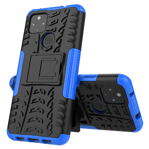 Silicone Matte Finish and Plastic Back Cover Case with Stand JX1 for Google Pixel 4a 5G Blue