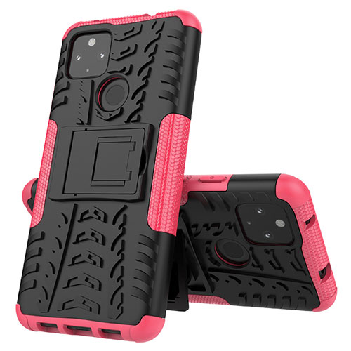 Silicone Matte Finish and Plastic Back Cover Case with Stand JX1 for Google Pixel 4a 5G Hot Pink