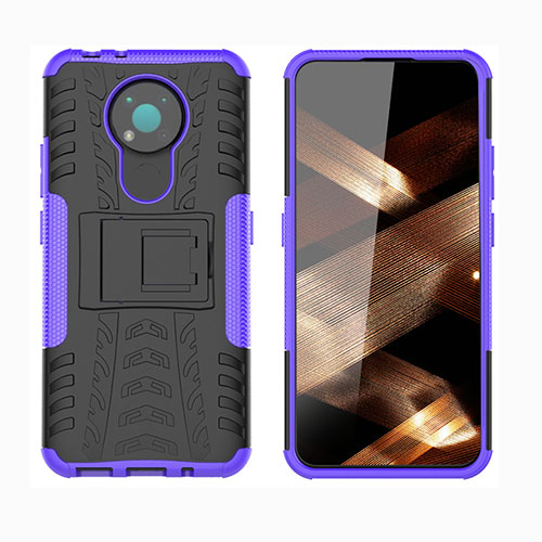 Silicone Matte Finish and Plastic Back Cover Case with Stand JX1 for Nokia 3.4 Purple