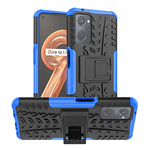 Silicone Matte Finish and Plastic Back Cover Case with Stand JX1 for Realme 9i 4G Blue