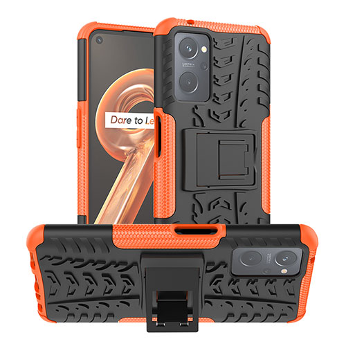 Silicone Matte Finish and Plastic Back Cover Case with Stand JX1 for Realme 9i 4G Orange