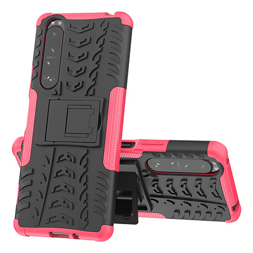Silicone Matte Finish and Plastic Back Cover Case with Stand JX1 for Sony Xperia 1 III Hot Pink