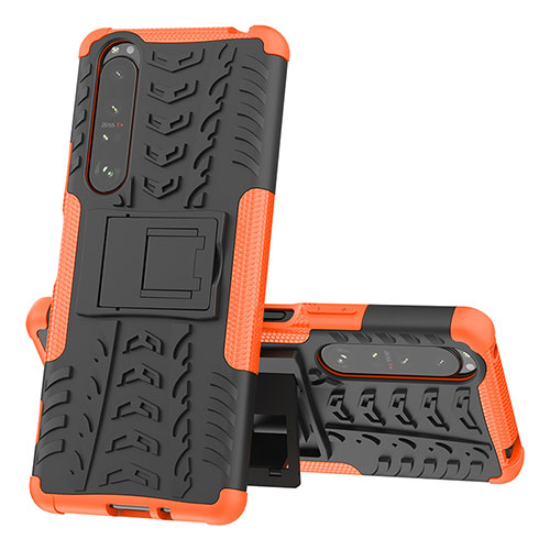 Silicone Matte Finish and Plastic Back Cover Case with Stand JX1 for Sony Xperia 1 III Orange