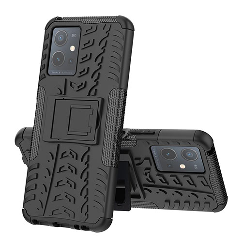 Silicone Matte Finish and Plastic Back Cover Case with Stand JX1 for Vivo T1 5G India Black