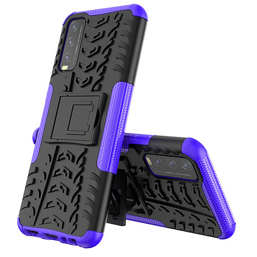 Silicone Matte Finish and Plastic Back Cover Case with Stand JX1 for Vivo Y12s Purple