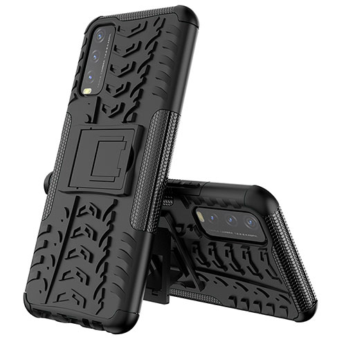 Silicone Matte Finish and Plastic Back Cover Case with Stand JX1 for Vivo Y20s Black