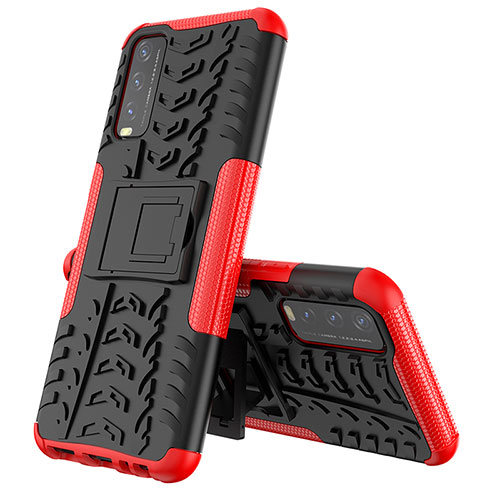 Silicone Matte Finish and Plastic Back Cover Case with Stand JX1 for Vivo Y20s Red