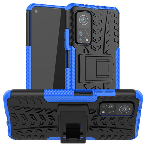 Silicone Matte Finish and Plastic Back Cover Case with Stand JX1 for Xiaomi Mi 10T 5G Blue