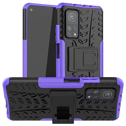 Silicone Matte Finish and Plastic Back Cover Case with Stand JX1 for Xiaomi Mi 10T 5G Purple