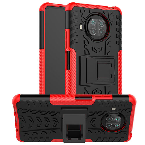 Silicone Matte Finish and Plastic Back Cover Case with Stand JX1 for Xiaomi Mi 10T Lite 5G Red