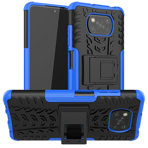 Silicone Matte Finish and Plastic Back Cover Case with Stand JX1 for Xiaomi Poco X3 Blue