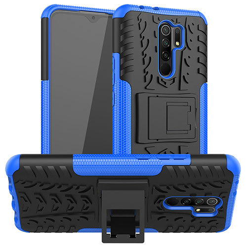 Silicone Matte Finish and Plastic Back Cover Case with Stand JX1 for Xiaomi Redmi 9 Blue