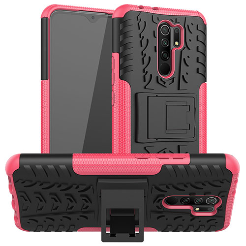Silicone Matte Finish and Plastic Back Cover Case with Stand JX1 for Xiaomi Redmi 9 Hot Pink